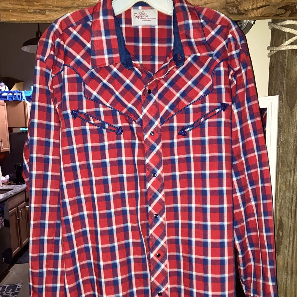 Kenny rogers western shirt red plaid blue pearl snaps size 17 1/2 x 35 L to XL